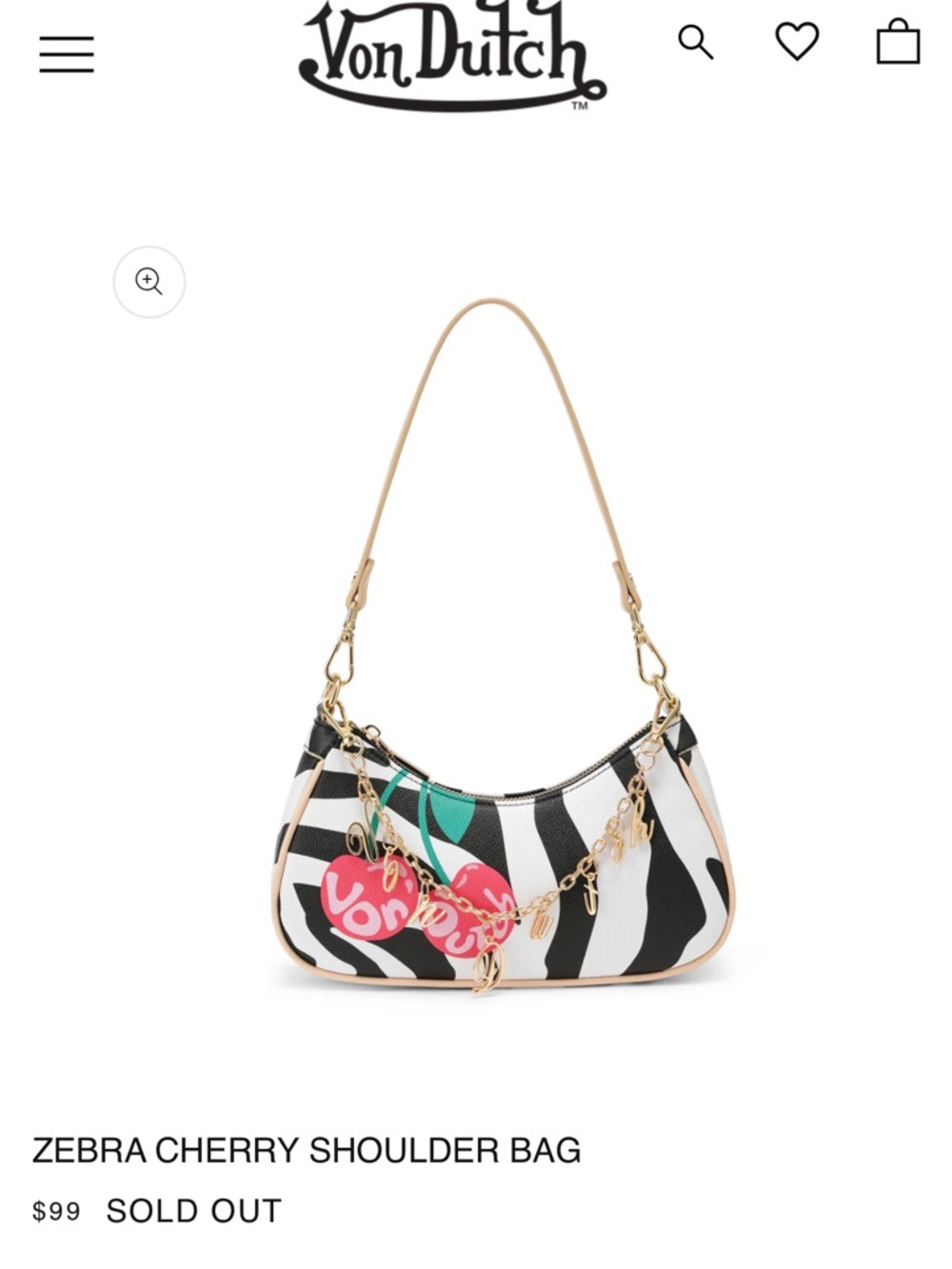 Brand new sold out Von Dutch Zebra Cherry Shoulder Bag in Black, White & Pink